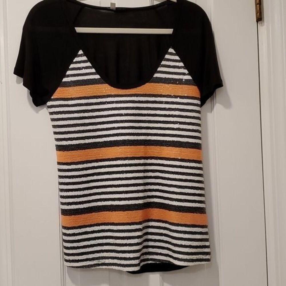 HALOGEN RAGLAN SEQUIN STRIPE TOP ORANGE WHITE BLACK SCOOP NECK SMALL BASEBALL